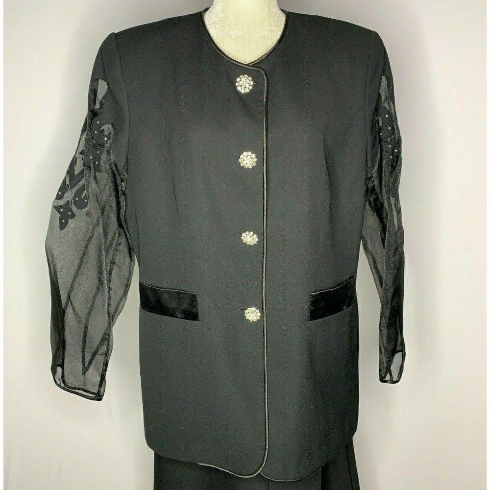 Vintage San Laurance Skirt Suit 14 Black Sheer Cutout Sleeves Rhinestone Buttons